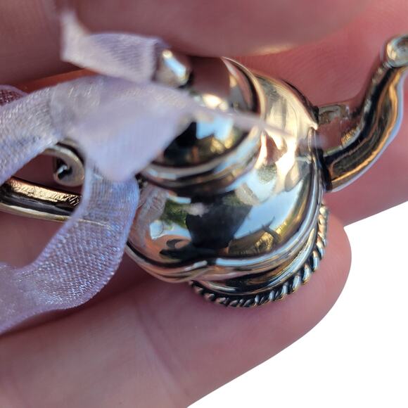 Vintage Silver Teapot Christmas Ornament with Ribbon Bow - Picture 8 of 10